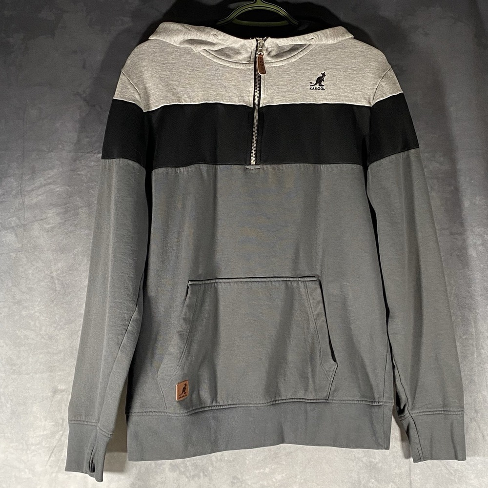 Kangol Hoodie Mens M Gray Black White Colorblock 1/4 Pullover Streetwear